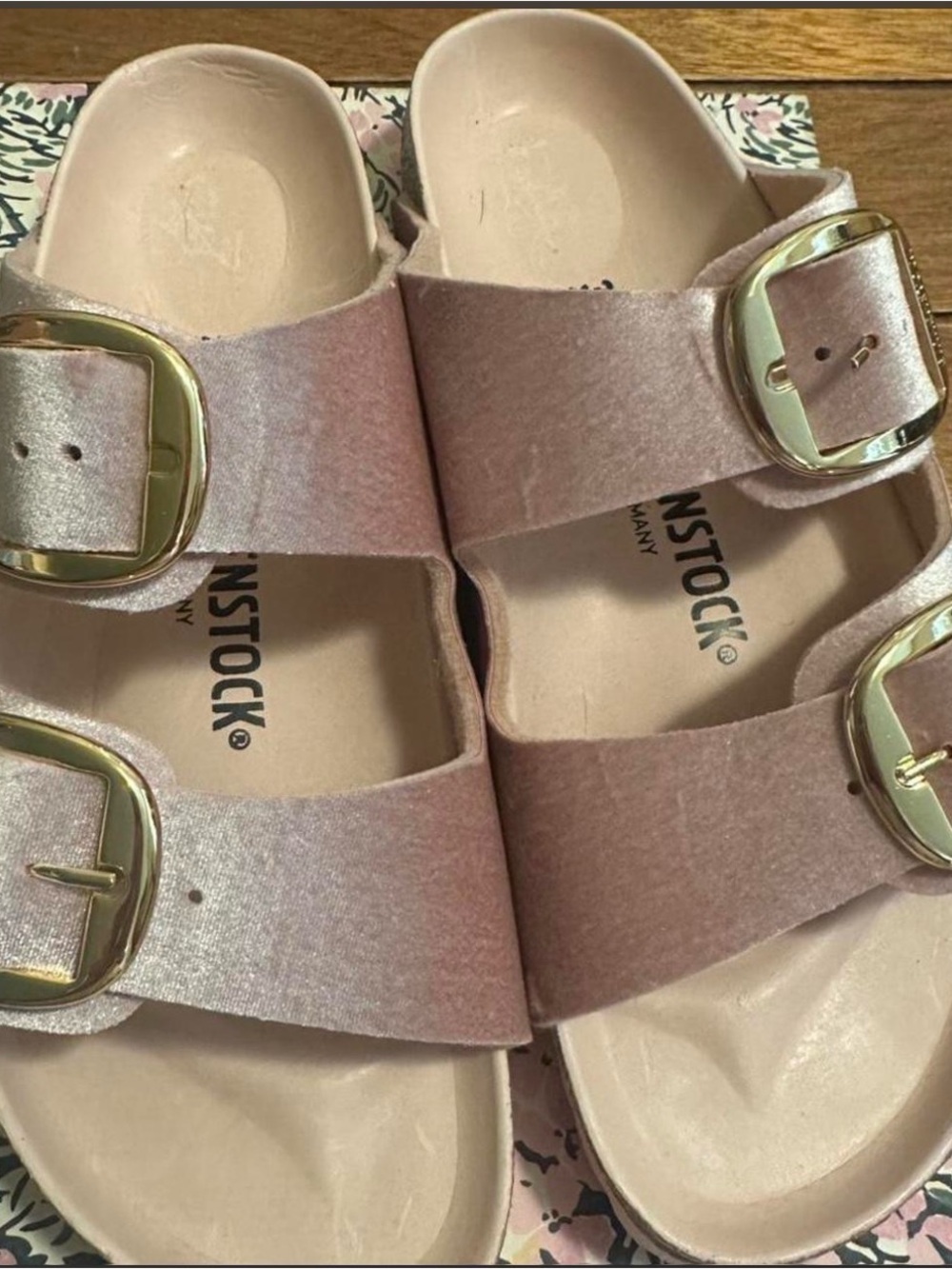 Birkenstock Arizona Blush Velvet Sandals with Gold Buckles